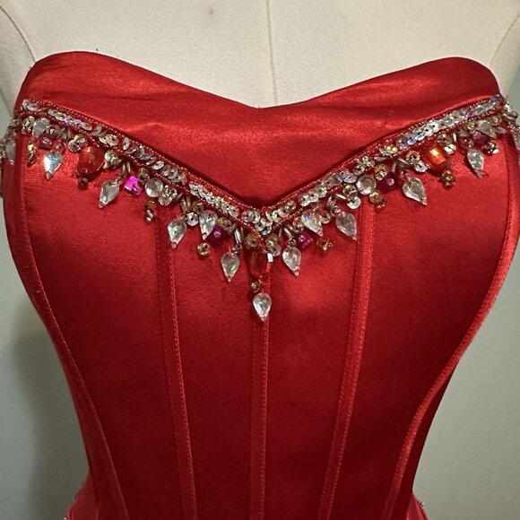 Women 6 Long Red Satin Beaded Formal Dress Evening Gown Strapless Glam Prom Gala - Picture 5 of 14